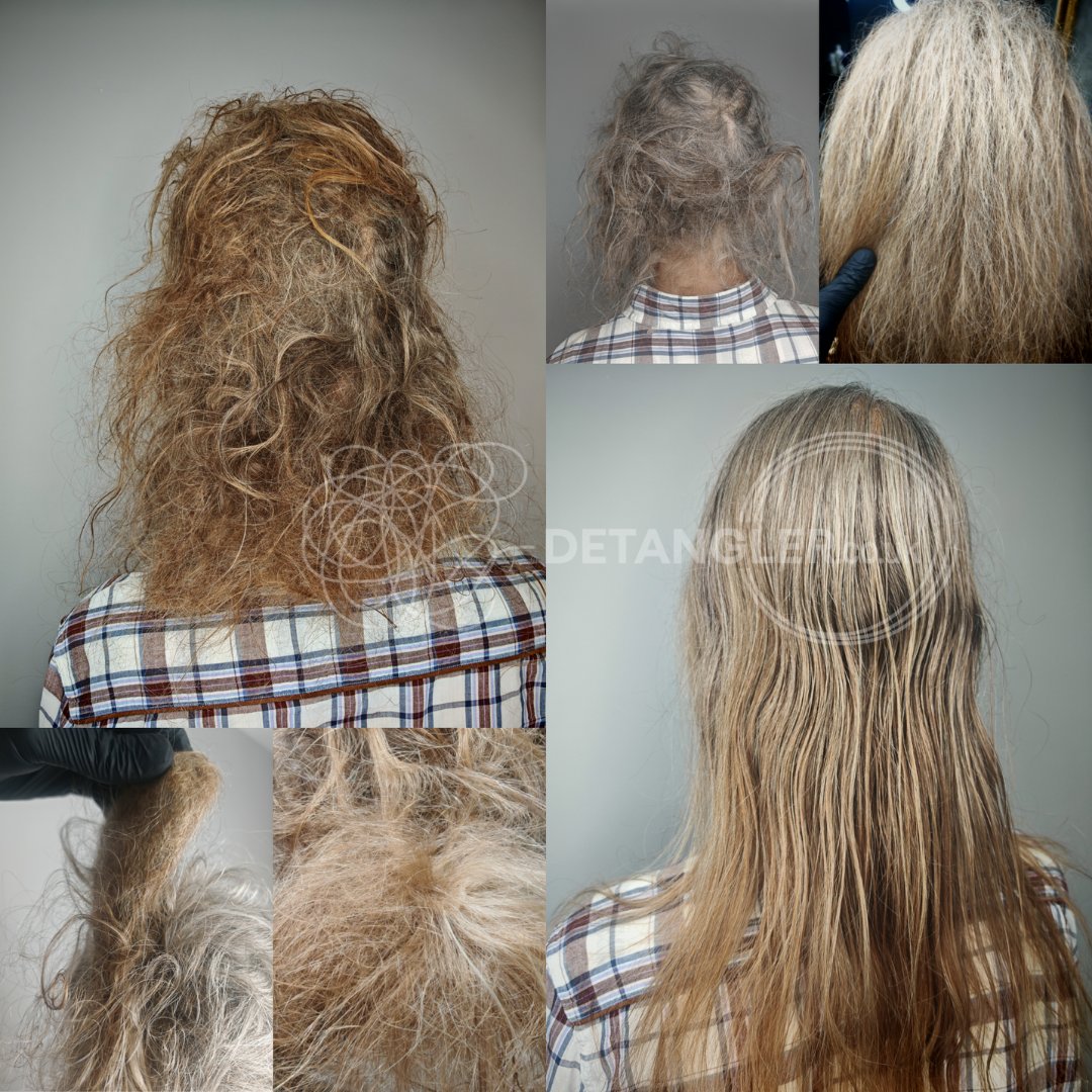 Before and after photo of matted hair recovery at London studio — documented case 4