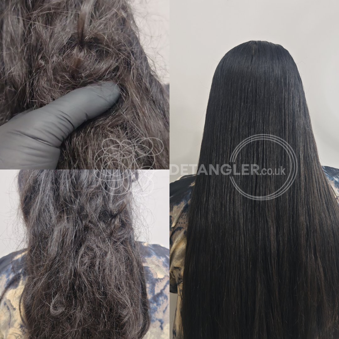 Severe matted hair before and after restoration at Detangler London studio — documented case 21
