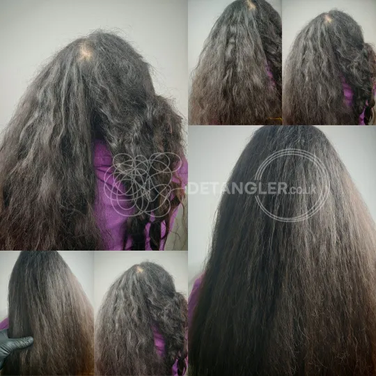 A matted hair case that took hours of hand detangling, with no scissors used