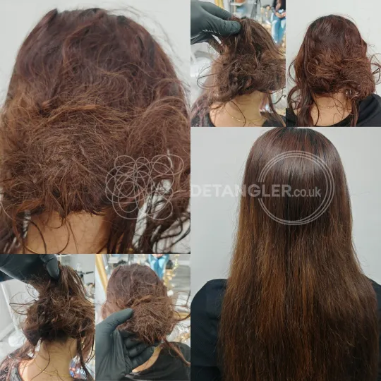 Before and after a full detangling session on tightly knotted hair, restored strand by strand