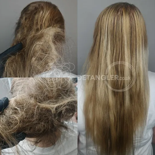 Before and after of a matted hair case treated with no chemical shortcuts