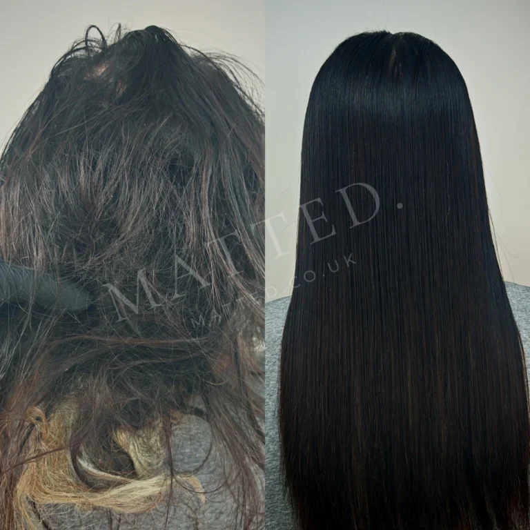 Straight hair matted into a solid mass, combed clear section by section and returned at full length