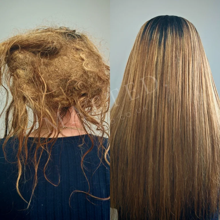 Before and after of severely matted straight hair opened by hand over one uninterrupted appointment