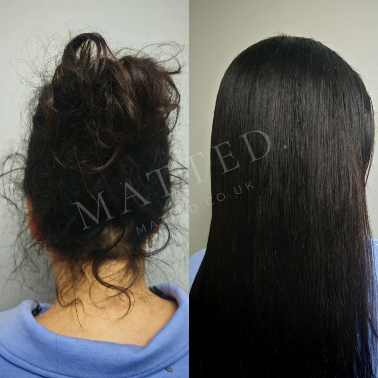 Severely matted straight hair, photographed before and after in the same light with no filters