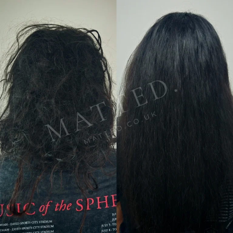 Straight hair matted into a firm mass, brought back to smooth and brushable without scissors