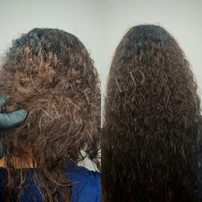 Matted curly hair before and after, opened dry and worked loose curl by curl