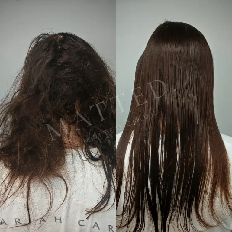 Severely matted straight hair after a full detangling session, with no length removed