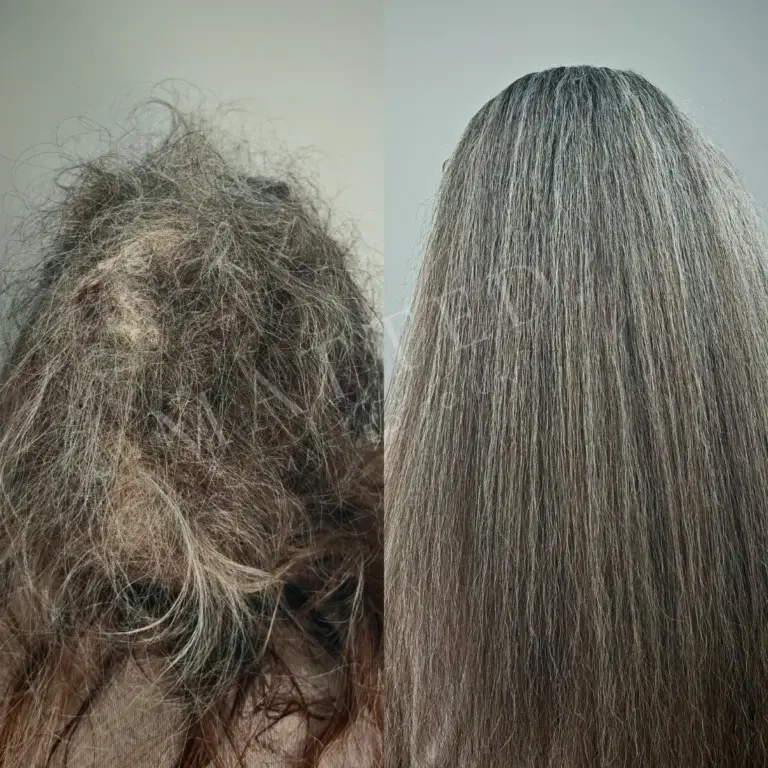 Straight hair matted flat to the head, lifted and cleared by hand