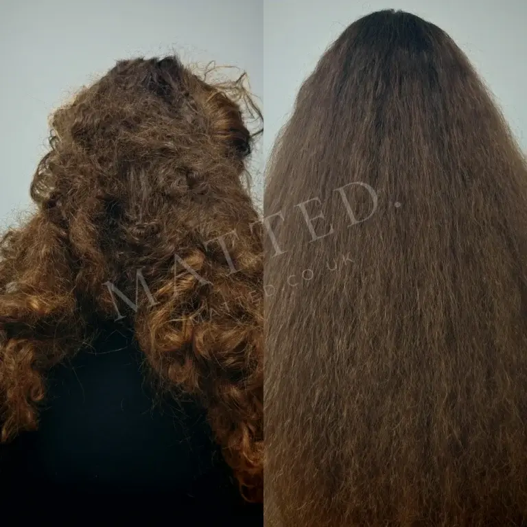 Before and after of severely matted straight hair treated with no chemical shortcuts