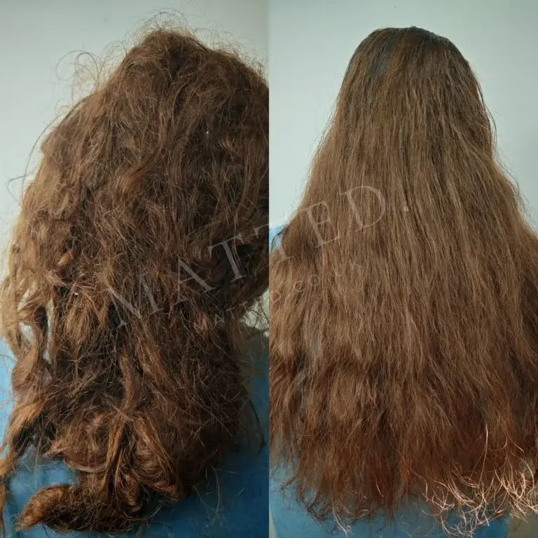 Severely matted straight hair before and after, published with the client's permission