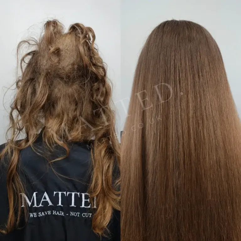 Straight hair matted into a single block, taken apart by hand