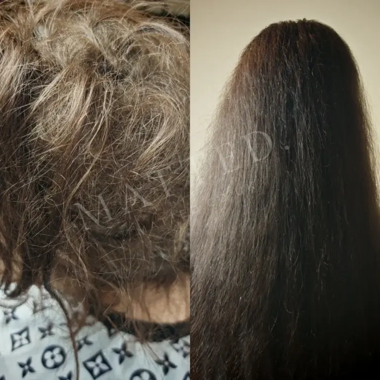 Severely matted straight hair before and after, one appointment with no time limit