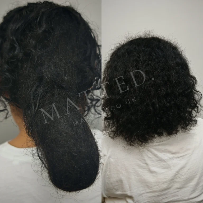 Matted afro-textured hair before and after, detangled dry and by hand