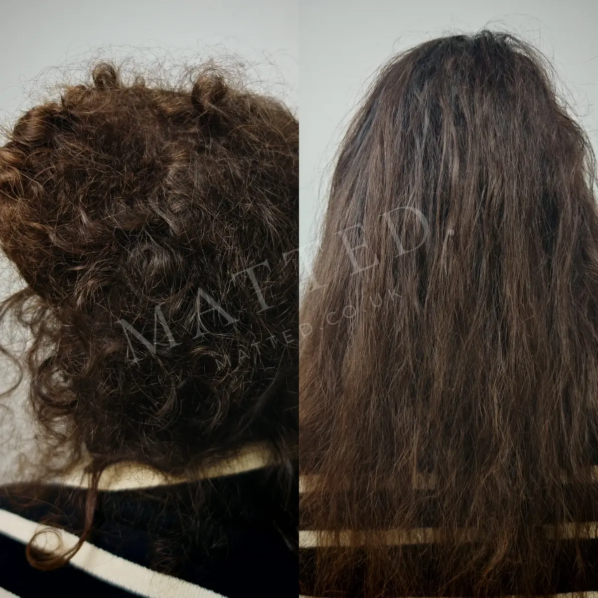 Tangled bleached straight hair before and after: the strands still separate, so this is tangled, not matted