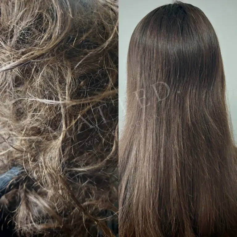 Severely matted straight hair, before and after, with the full length preserved