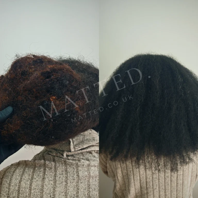 Matted curly hair before and after, each clump separated by hand