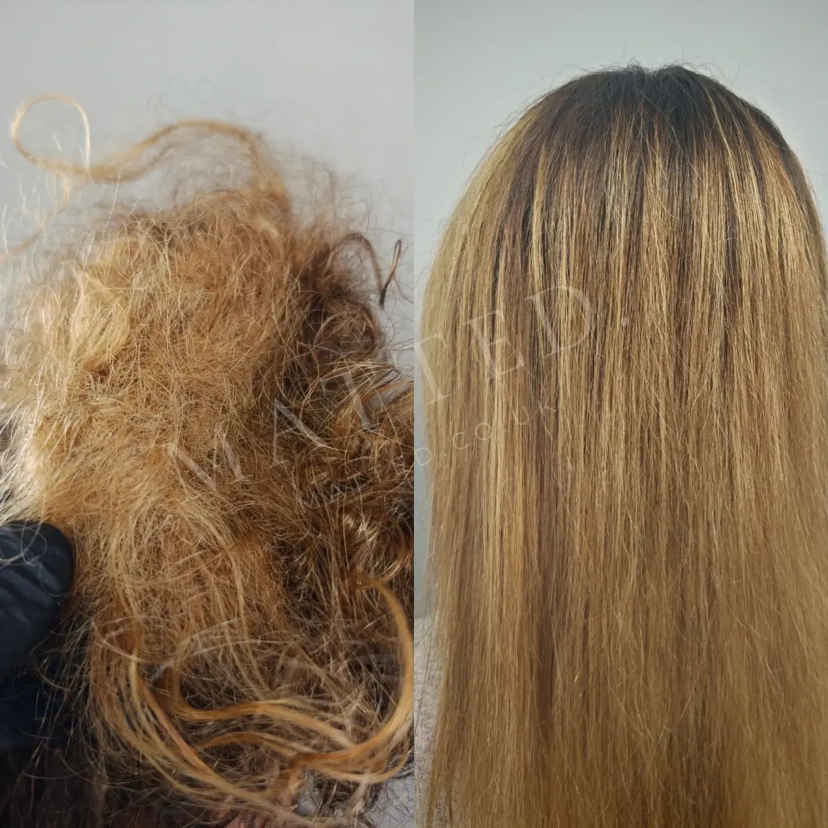 Severely matted straight hair, Grade 4, before and after restoration without cutting