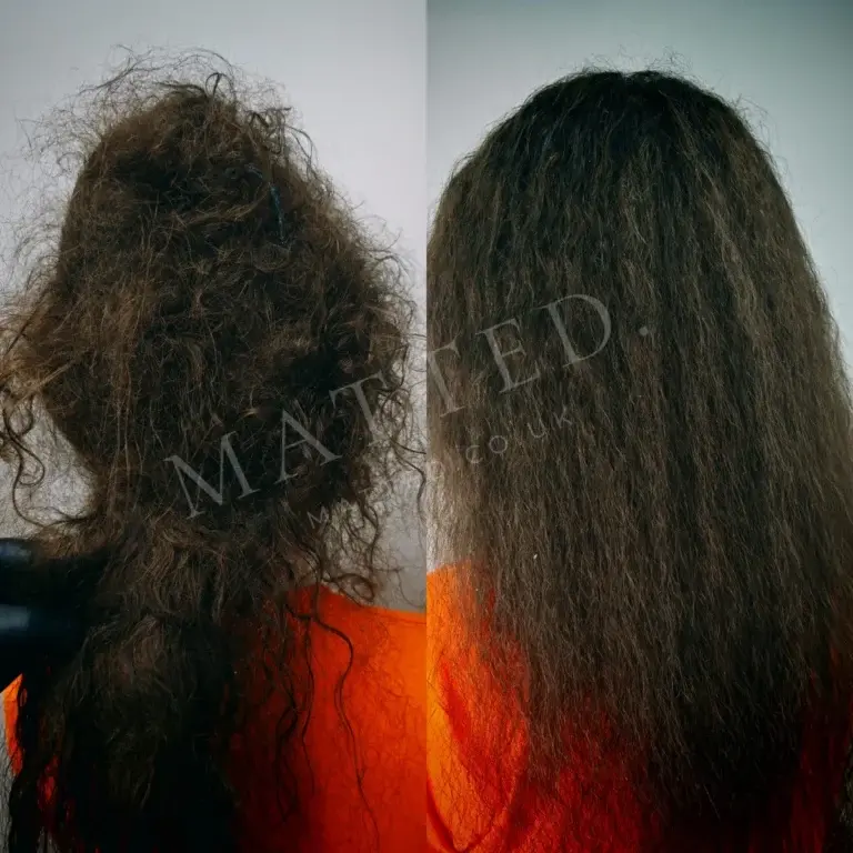 Straight hair matted into a solid mass, cleared and washed afterwards