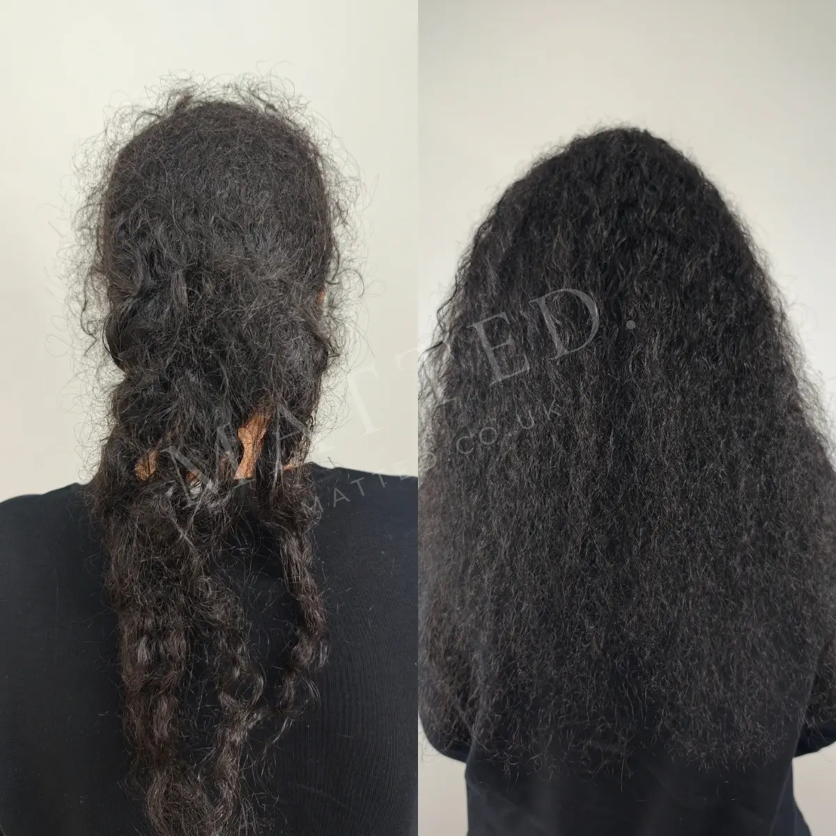 Curly hair matted after a hospital stay, before and after restoration without cutting