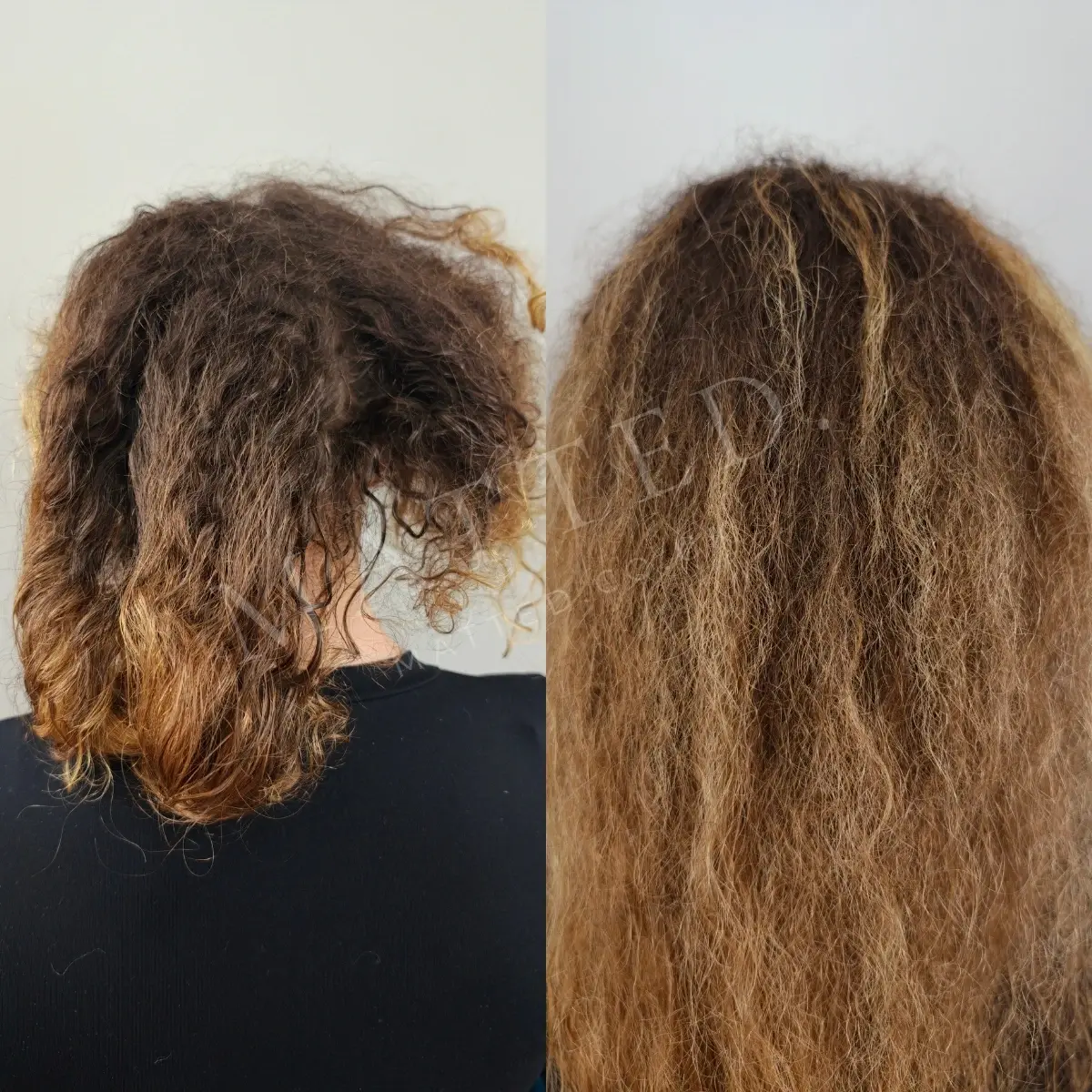 Matted hair extensions on wavy hair before removal, and the client's own hair after, separated and uncut