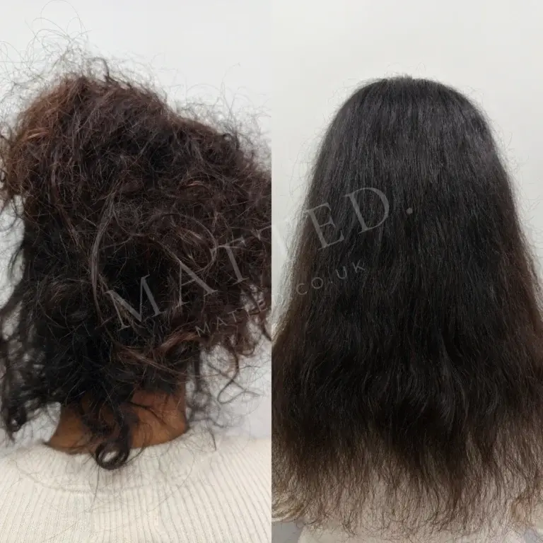 Severely matted straight hair before and after, shot in the same light with no filters