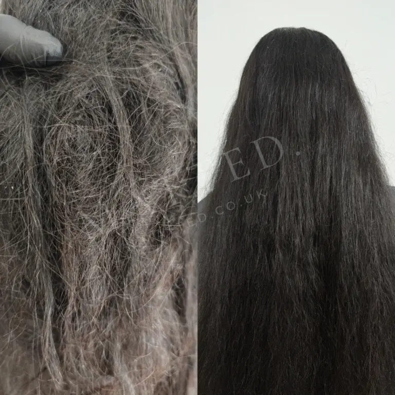 Severely matted straight hair restored to brushable in one appointment