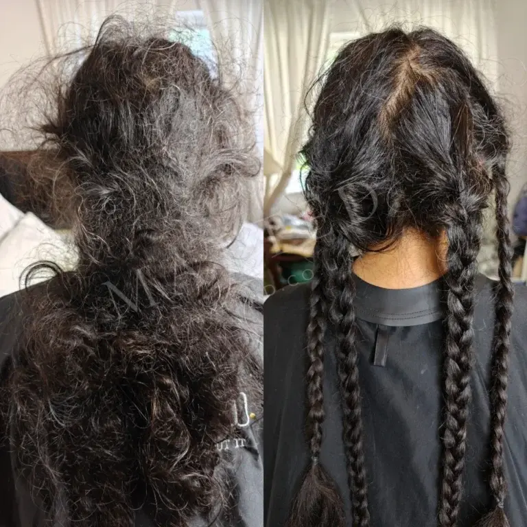Severely matted straight hair, documented before and after with client consent