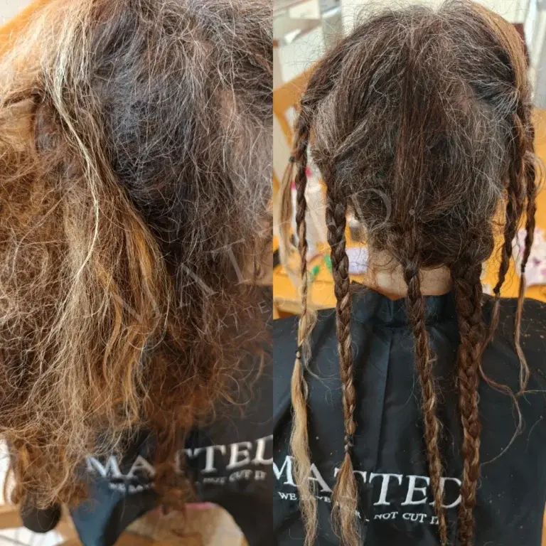 Straight hair matted into one mass, brought back to movement
