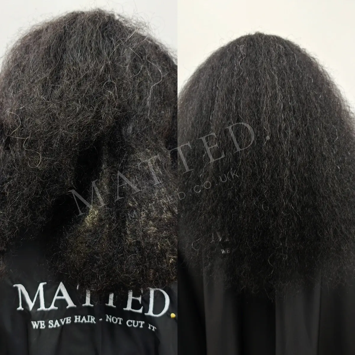 Hair matted during a hospital stay, shown after a full restoration with the length intact