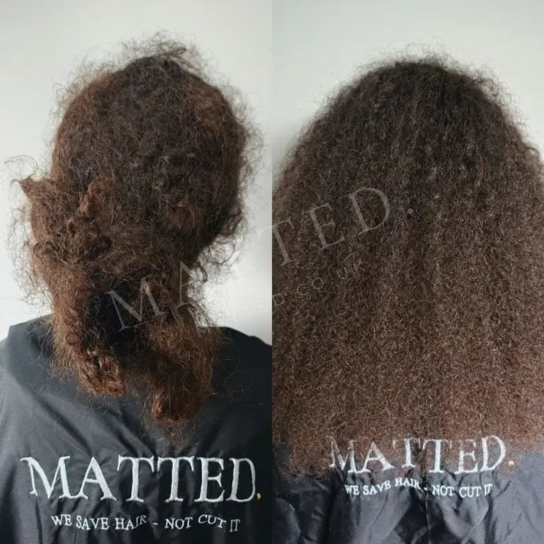 Matted wavy hair before and after, waves separated and left intact