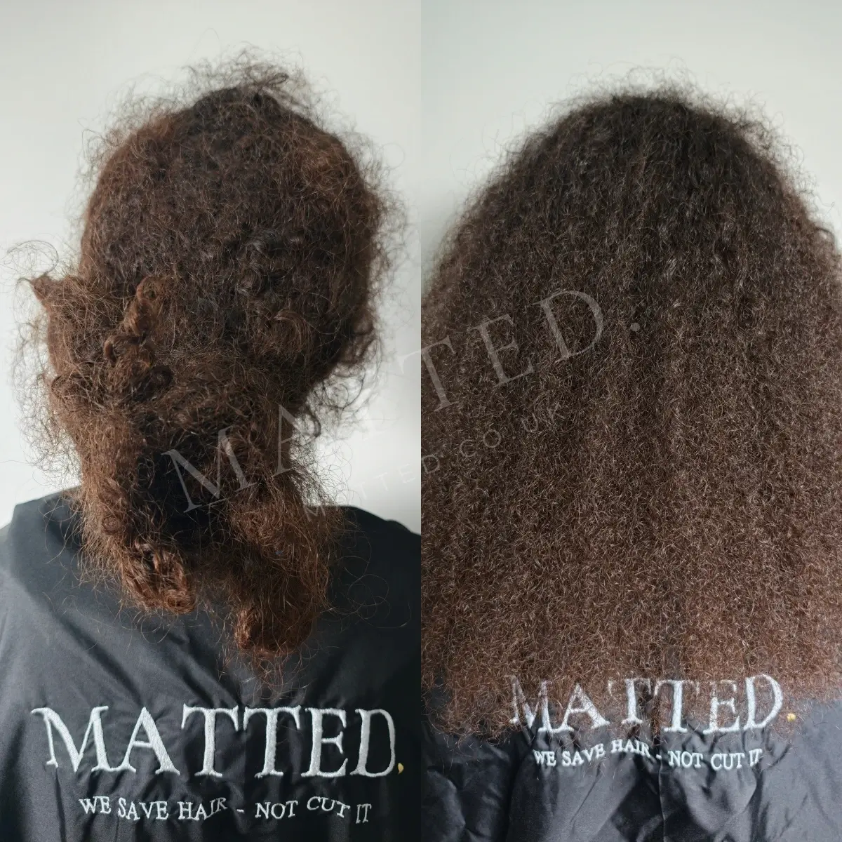 Wavy hair with a felted pad at the nape before restoration, and the same hair opened afterwards without cutting