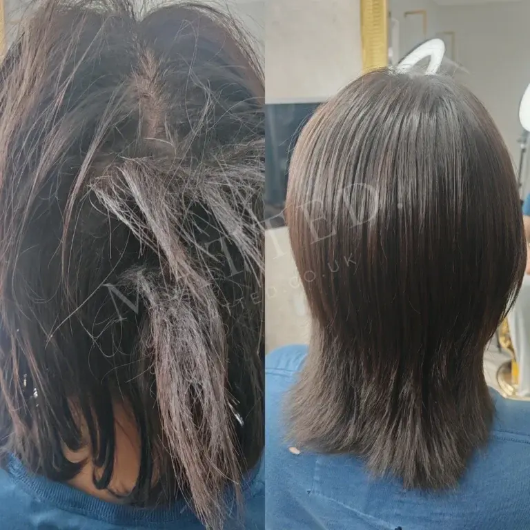 A child's matted straight hair before and after, cleared calmly and without cutting