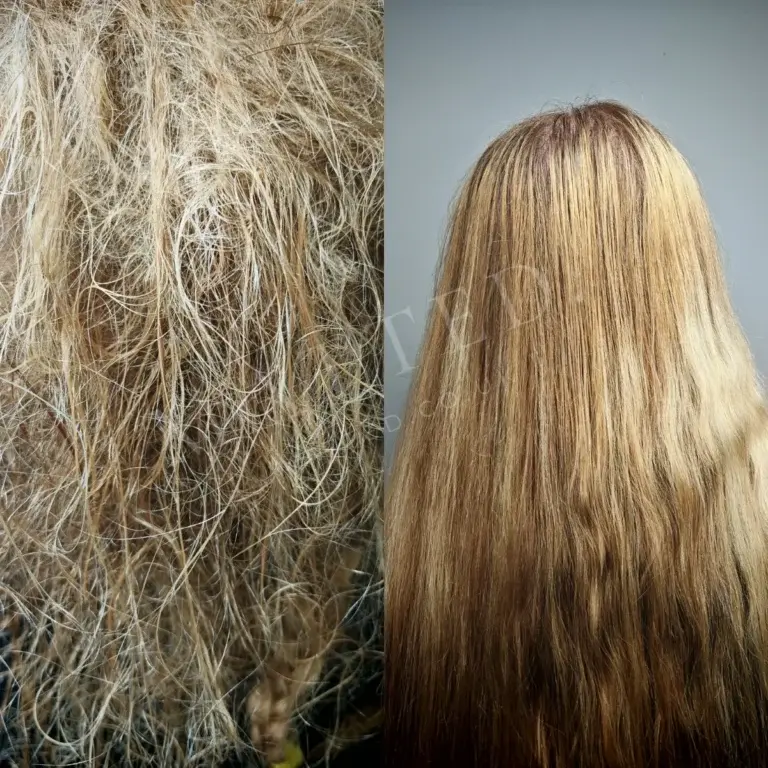 Severely matted straight hair before and after professional matted hair removal in London