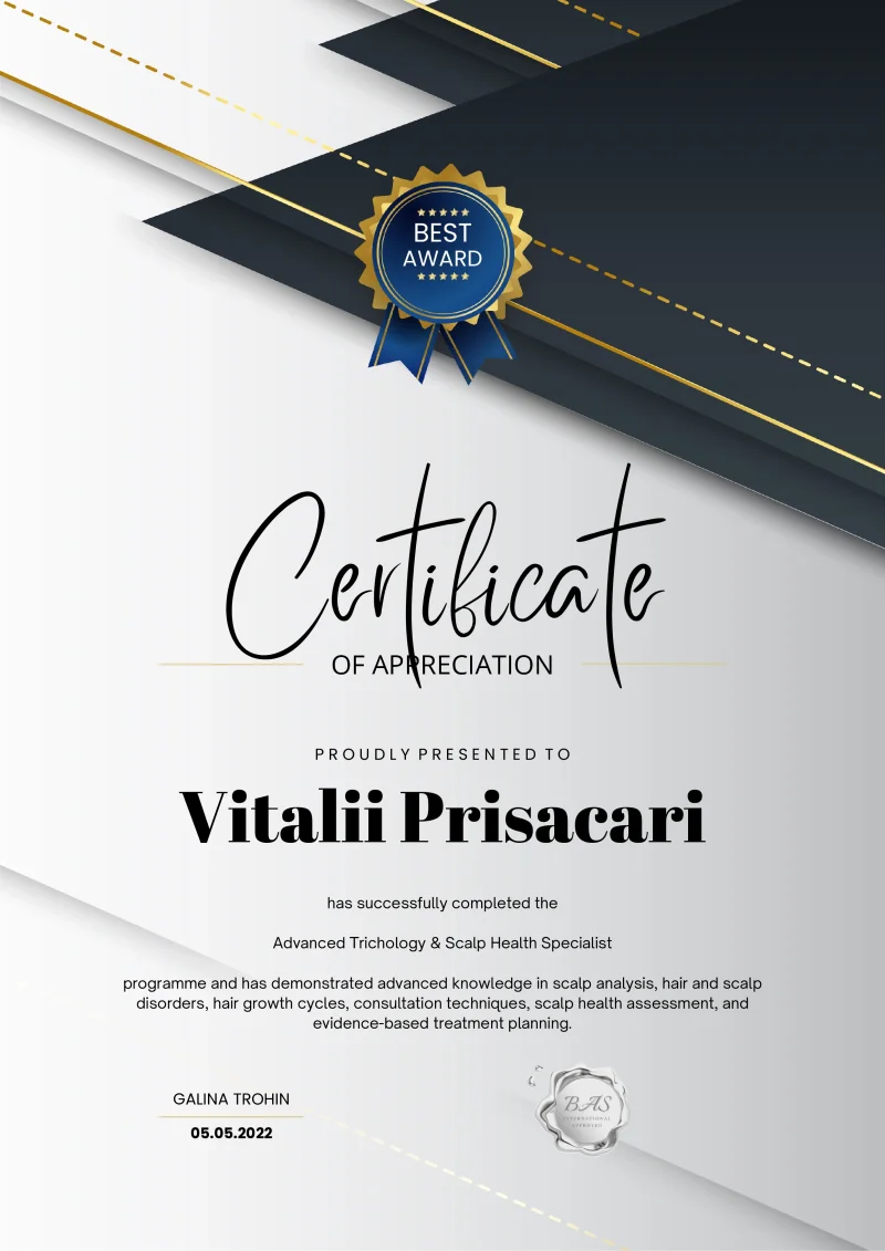 Advanced Trichology & Scalp Health Specialist certificate awarded to Vitalii Prisacari by BAS International in 2022