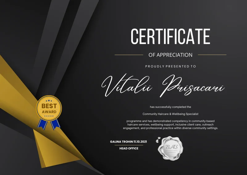Community Haircare & Wellbeing Specialist certificate awarded to Vitalii Prisacari by BAS International in 2021