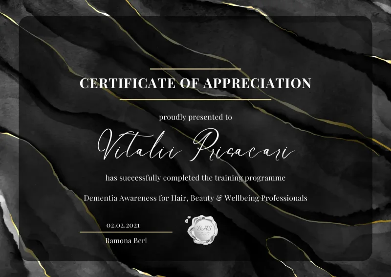 Dementia Awareness for Hair, Beauty & Wellbeing certificate awarded to Vitalii Prisacari by BAS International in 2021