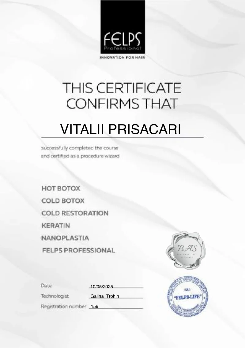 FELPS: Hot & Cold Botox, Cold Restoration, Keratin, Nanoplastia certificate awarded to Vitalii Prisacari by FELPS Professional in 2025