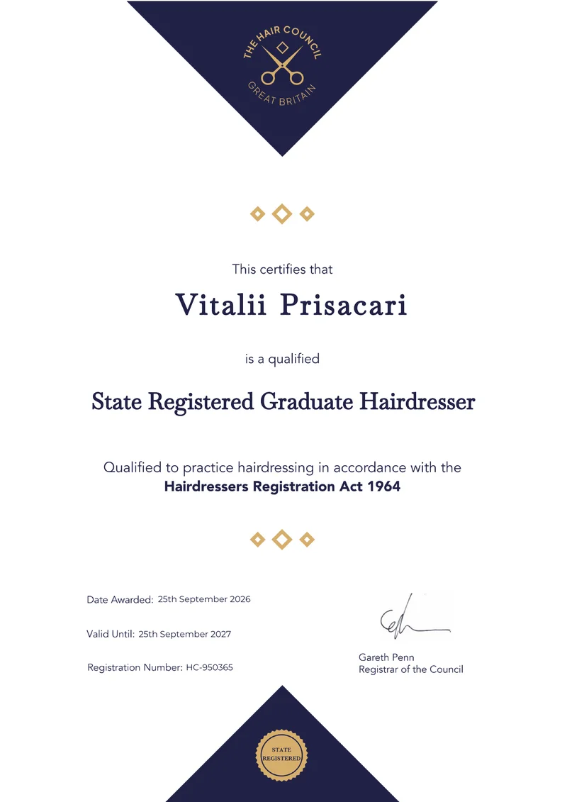 State Registered Graduate Hairdresser certificate awarded to Vitalii Prisacari by The Hair Council in 2026