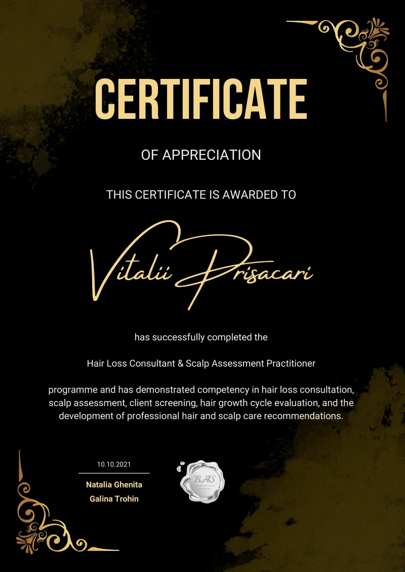 Hair Loss Consultant & Scalp Assessment Practitioner certificate awarded to Vitalii Prisacari by BAS International in 2021