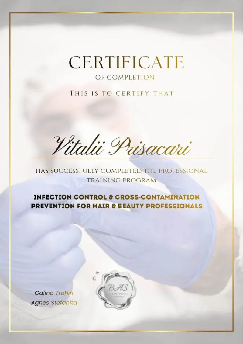 Infection Control & Cross-Contamination Prevention certificate awarded to Vitalii Prisacari by Hair & Beauty Space · BAS International in 2022
