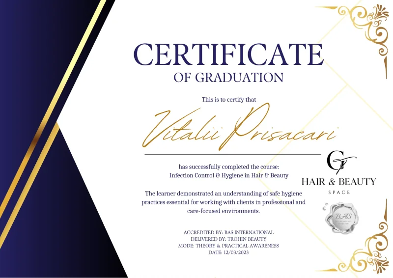 Infection Control & Hygiene in Hair & Beauty certificate awarded to Vitalii Prisacari by Hair & Beauty Space · BAS International in 2023