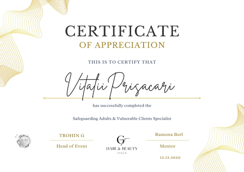 Safeguarding Adults & Vulnerable Clients certificate awarded to Vitalii Prisacari by BAS International in 2020