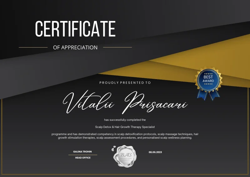 Scalp Detox & Hair Growth Therapy Specialist certificate awarded to Vitalii Prisacari by BAS International in 2023