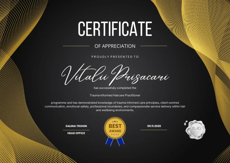 Trauma-Informed Haircare Practitioner certificate awarded to Vitalii Prisacari by BAS International in 2020