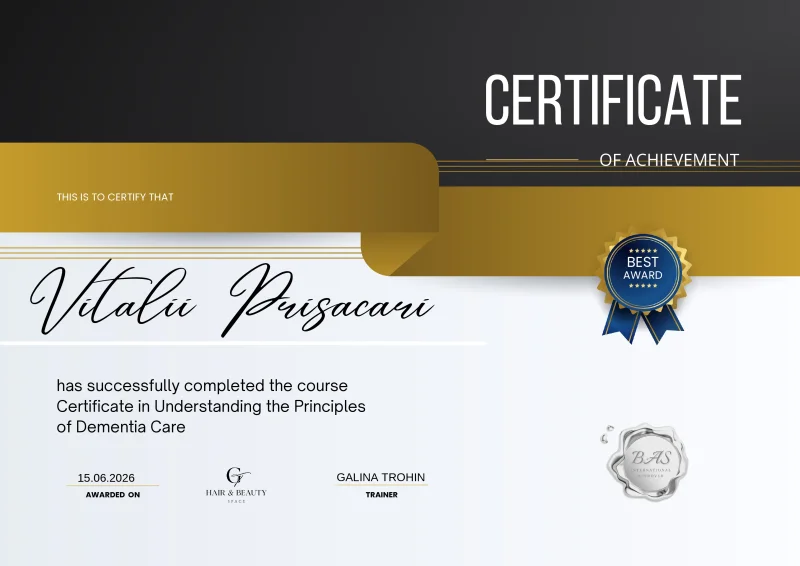 Understanding the Principles of Dementia Care certificate awarded to Vitalii Prisacari by Hair & Beauty Space · BAS International in 2026