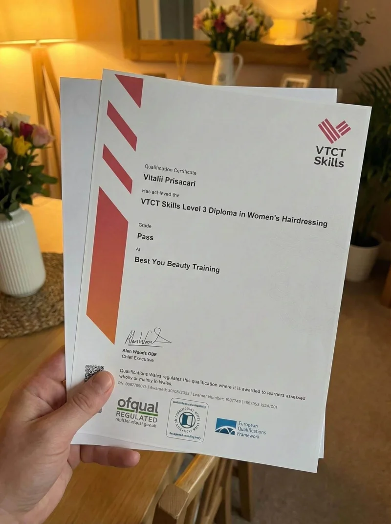VTCT Skills Level 3 Diploma in Women's Hairdressing certificate awarded to Vitalii Prisacari by VTCT Skills · Ofqual Regulated in 2025